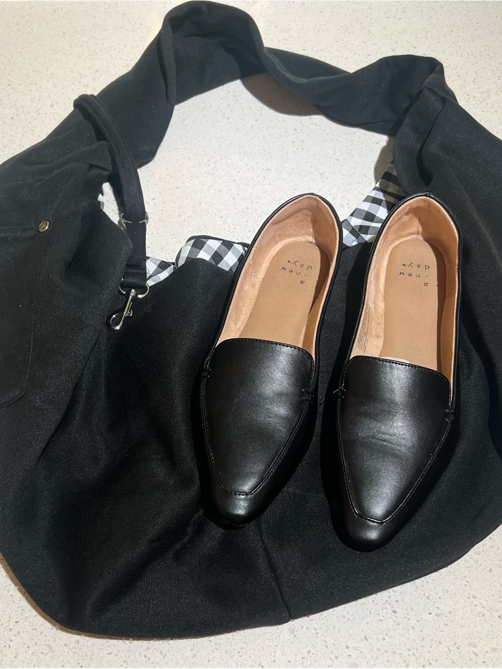 Black  Pointed Toe Loafers and Free Reversible Black Bag